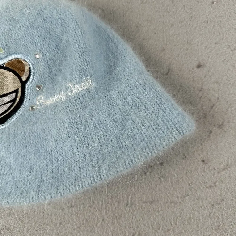 Y2K Bobby Jack Girls Fuzzy Angora Beanie Hat Blue‎ Monkey Embroidered Knit Retro